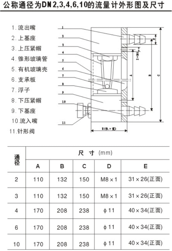 玻璃氧氣流量計結(jié)構(gòu)尺寸圖